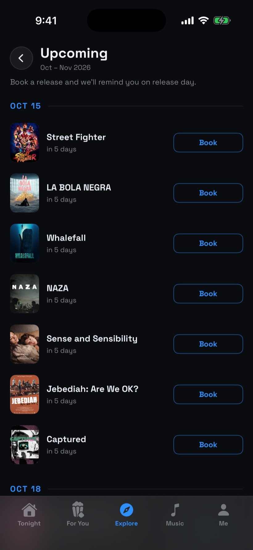 Release calendar listing upcoming movies with Book buttons