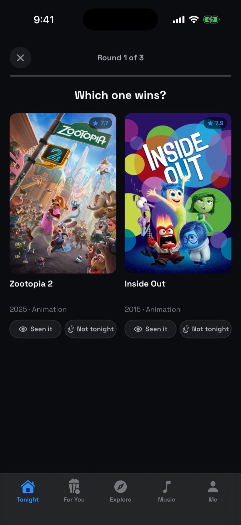 Tonight duel: two movies side by side, tap the one you'd rather watch